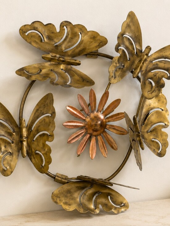 Vintage Other - Vintage Brass and Copper Butterfly Flower Wall Sculpture MCM Decor 18”